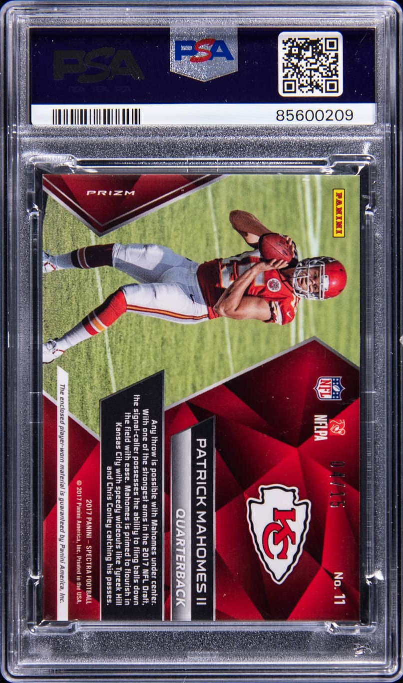 Back of 2017 Panini Spectra Immense Materials Neon Green Patrick Mahomes II #11