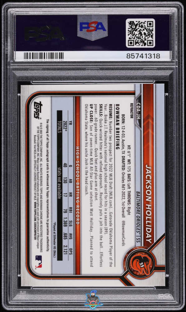 Back of 2022 Bowman Draft Chrome Autograph Refractor Jackson Holliday #CDAJH /499