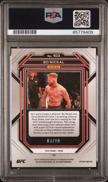 Back of 2023 Panini Prizm UFC Bo Nickal Undercard Gold Prizm