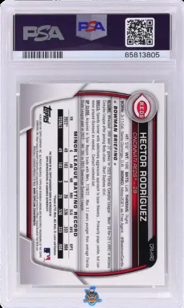 Back of 2023 Bowman Chrome Prospect Autograph Hector Rodriguez #CPAHRO