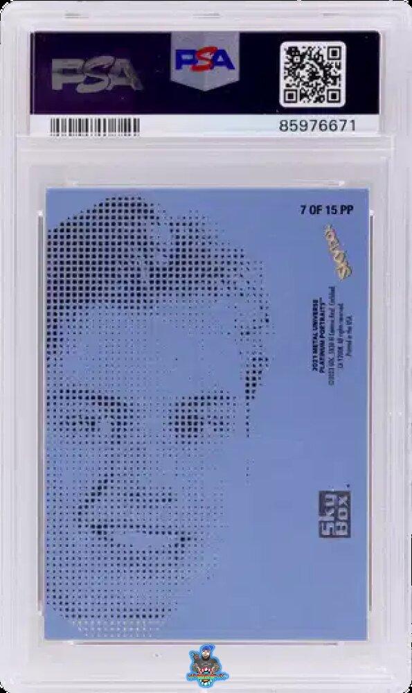 Back of 2023 Upper Deck Metal Universe Platinum Portrait Metallic Blue Connor Bedard #PP7