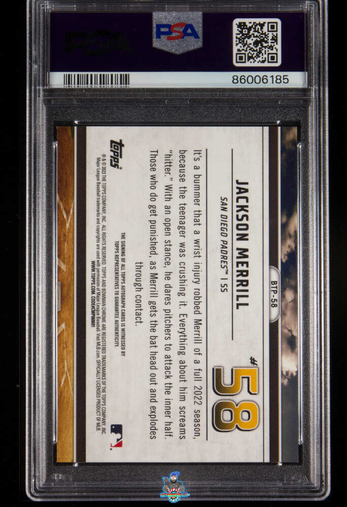 Back of 2023 Bowman Chrome Scouts Top 100 Superfractor Jackson Merrill #BTP58 /1