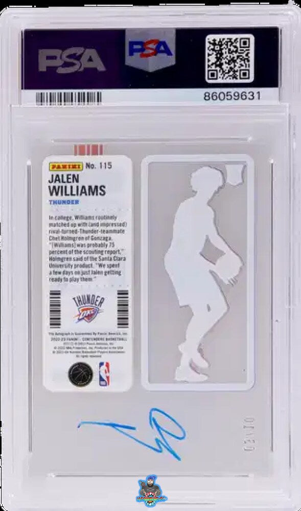 Back of 2022 Panini Contenders Clear Rookie Ticket Autograph Jalen Williams #115 /10
