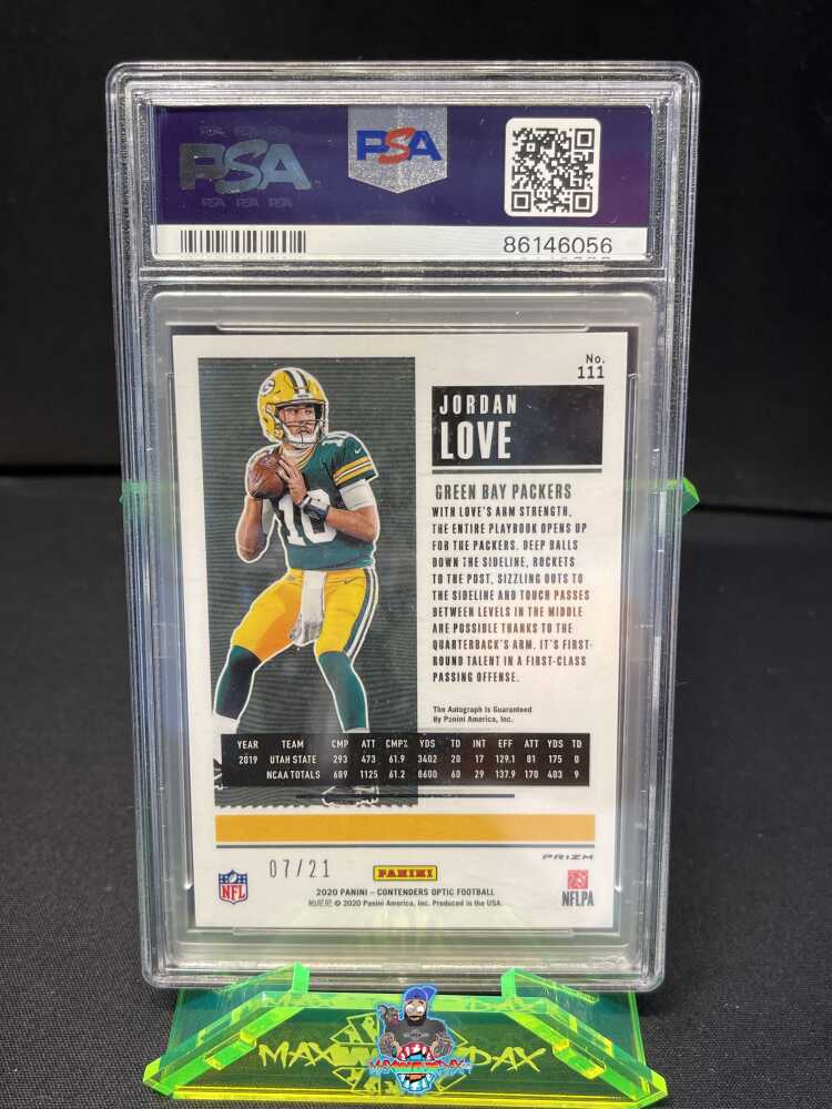 Back of 2020 Panini Contenders Optic Purple Pulsar Jordan Love #111 /21