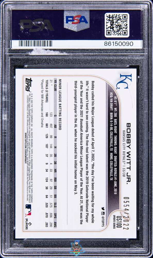 Back of 2022 Topps Update Gold Bobby Witt Jr. #US100 /2022