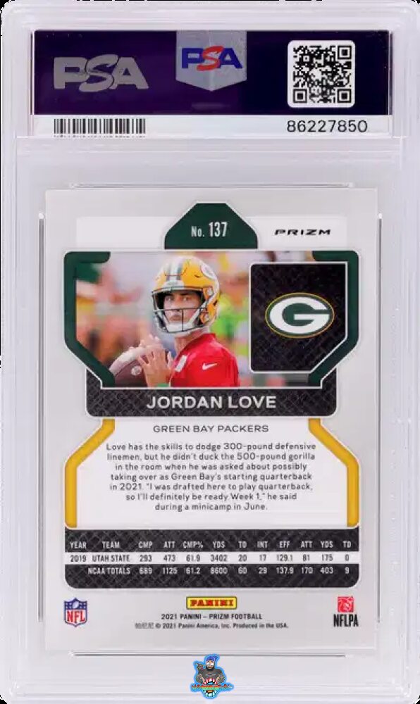 Back of 2021 Panini Prizm White Sparkle Prizm Jordan Love #137