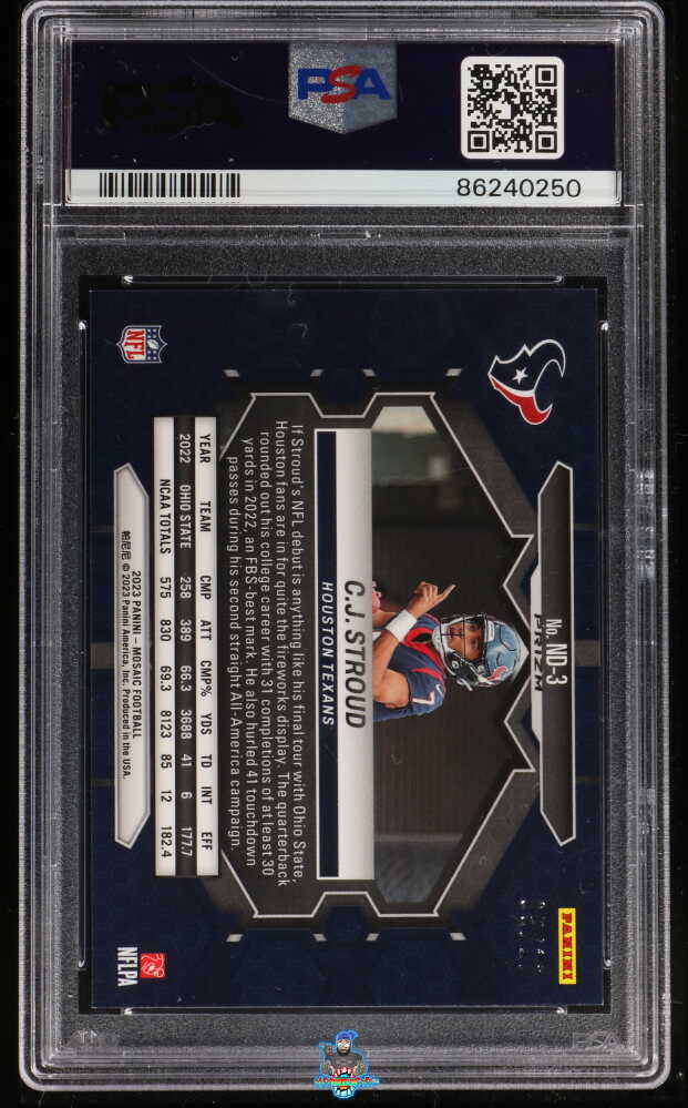 Back of 2023 Panini Mosaic NFL Debut Gold Wave Mosaic CJ Stroud #3 /17