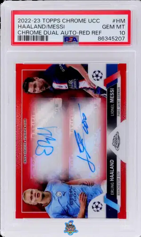 2022 Topps Chrome UEFA Club Competitions Dual Autographs Red Refractor Erling Haaland/Lionel Messi #DAHM /5