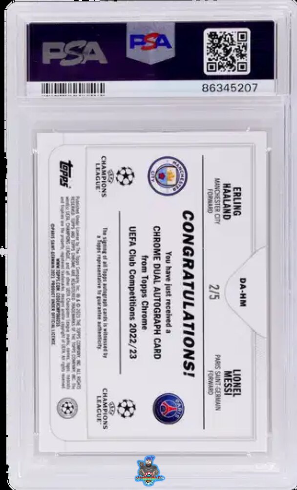 Back of 2022 Topps Chrome UEFA Club Competitions Dual Autographs Red Refractor Erling Haaland/Lionel Messi #DAHM /5