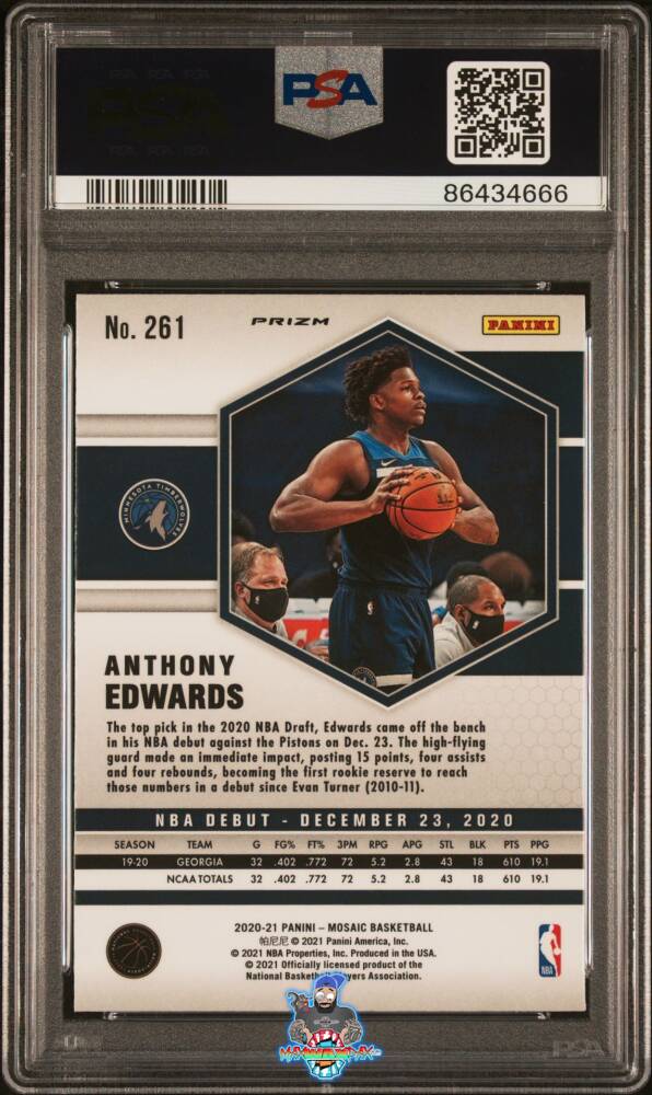 Back of 2020 Panini Mosaic Reactive Yellow Mosaic Prizm Anthony Edwards #261