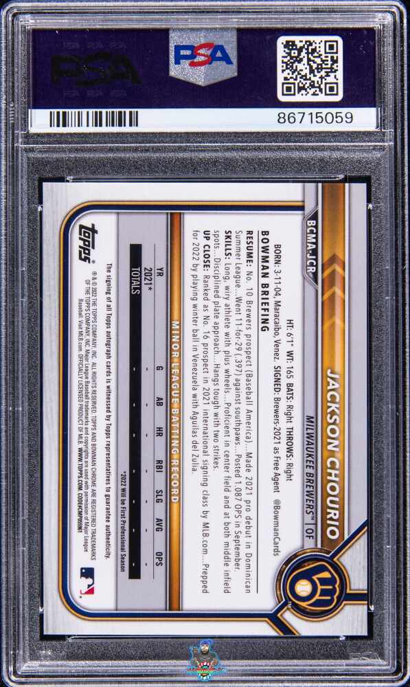 Back of 2022 Bowman Chrome Mega Box Autograph Orange Refractor Jackson Chourio #BCMAJCR /25