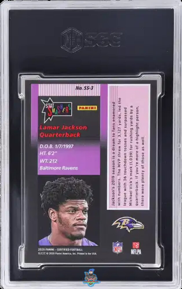 Back of 2020 Panini Certified Stat Smashers Lamar Jackson #SS-3