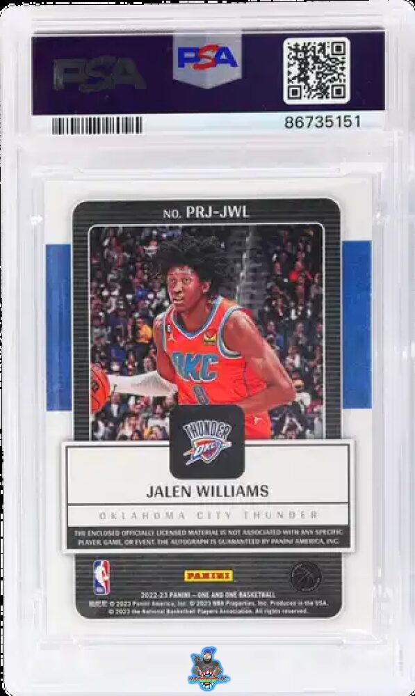 Back of 2022 Panini One and One Prime Rookie Jersey Autograph Jalen Williams #PRJ-JWL /99