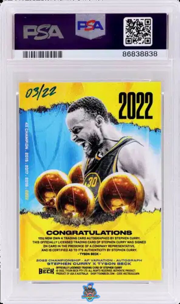 Back of 2022 Stephen Curry X Tyson Beck '22 4x Champion Autograph Artist Proof Stephen Curry /22