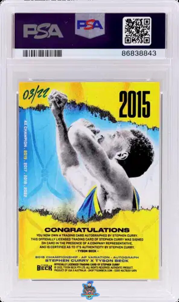 Back of 2022 Stephen Curry X Tyson Beck '15 Champion Artist Proof Autograph Stephen Curry /22