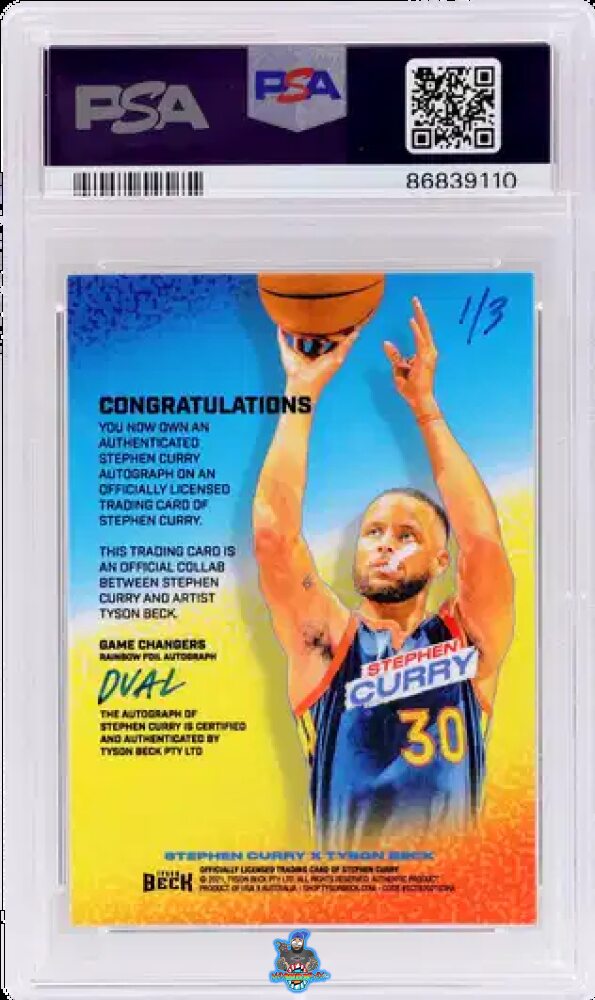 Back of 2021 Stephen Curry X Tyson Beck Icon Dual Autograph Rainbow Foil Stephen Curry /3
