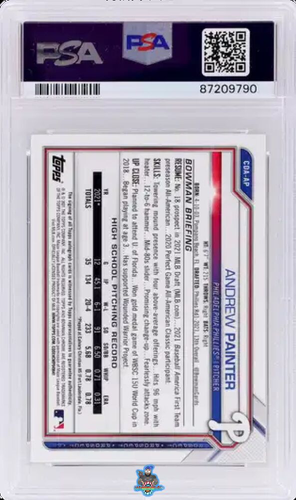 Back of 2021 Bowman Draft Chrome Autograph Black and White Raywave Refractor Andrew Painter #CDAAP