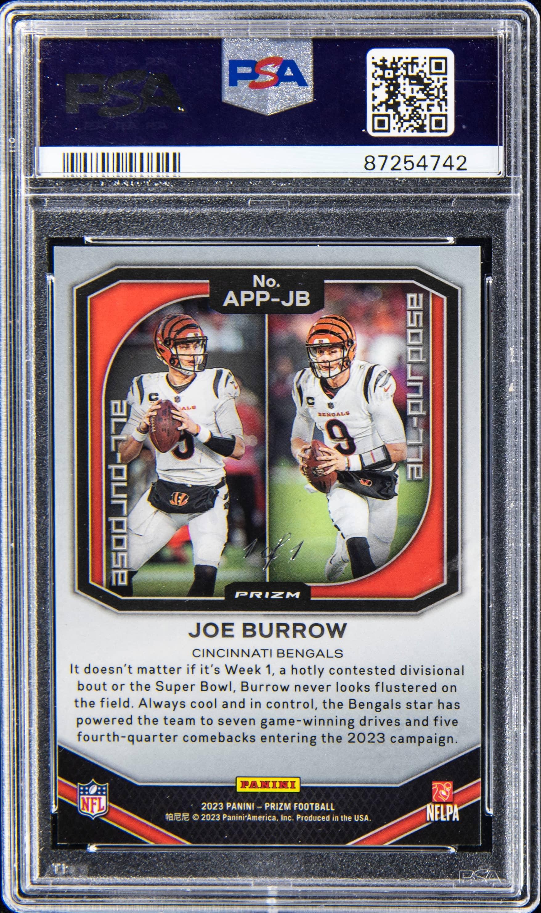 Back of 2023 Panini Prizm All Purpose Prizm Black Finite Joe Burrow #APP-JB /1