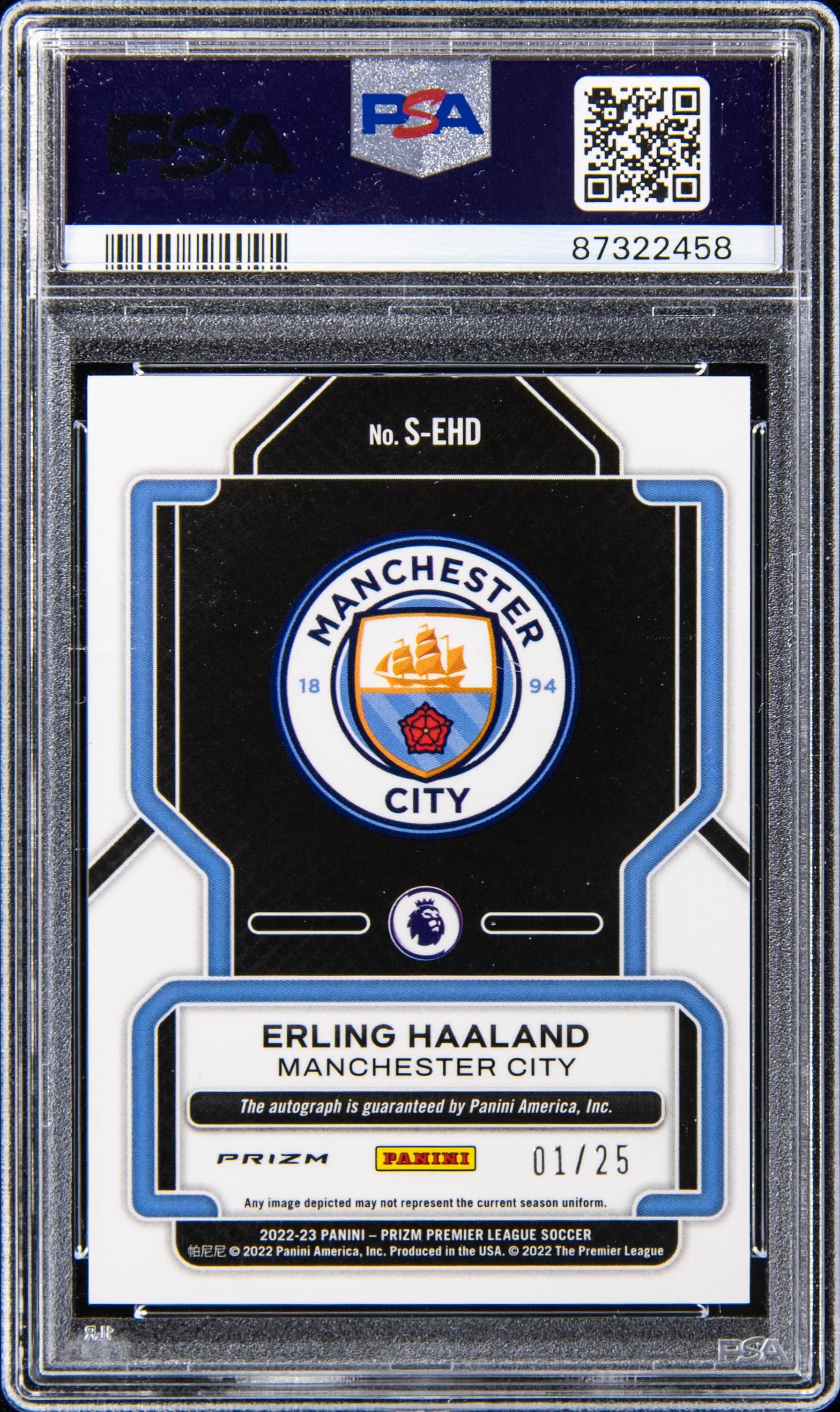 Back of 2022 Panini Prizm English Premier League Signatures Prizms Purple Erling Haaland #60 /25