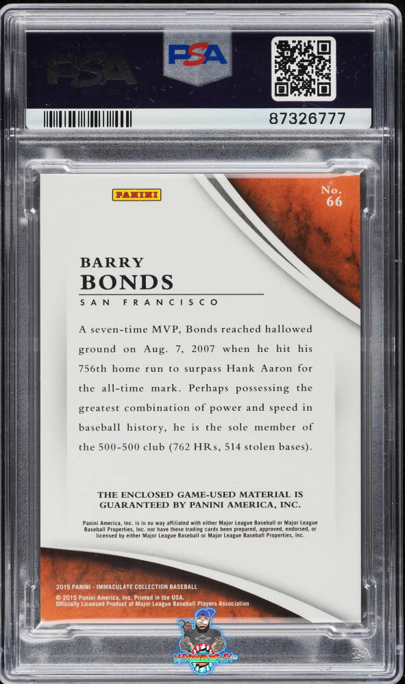 Back of 2015 Panini Immaculate Collection Jumbo Material Prime Barry Bonds #66 /2
