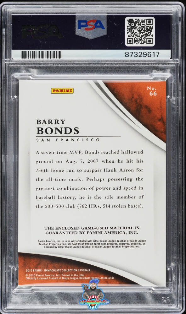 Back of 2015 Panini Immaculate Collection Jumbo Material Prime Barry Bonds #66 /2