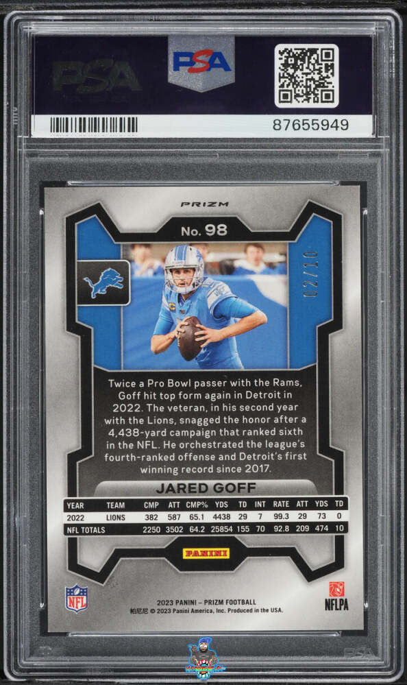 Back of 2023 Panini Prizm Gold Prizm Jared Goff #98 /10