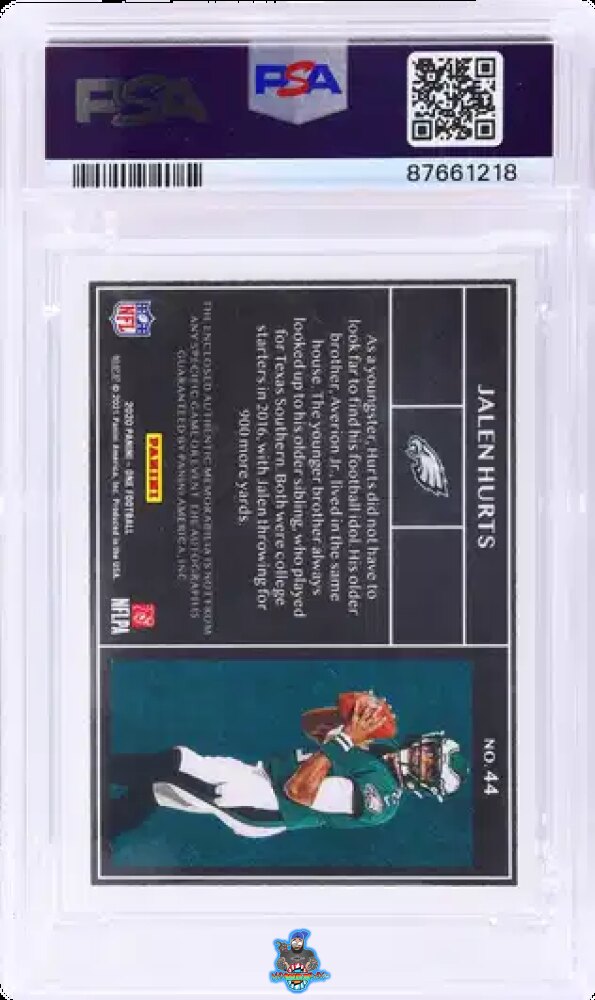 Back of 2020 Panini One Dual Patch Autograph Bronze Jalen Hurts #44 /49