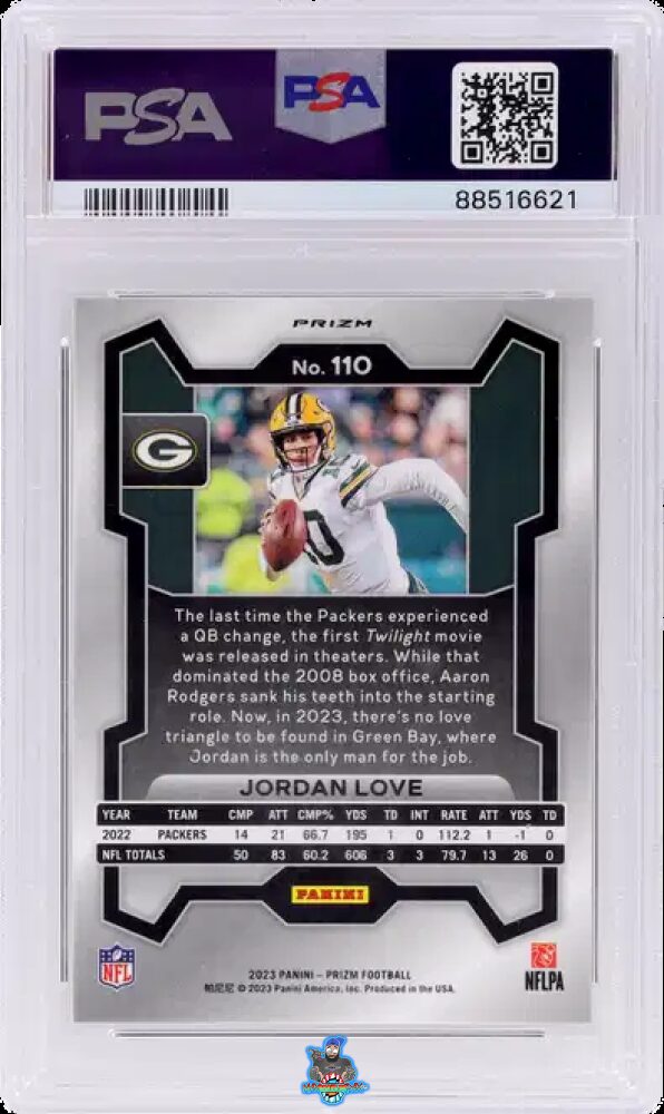 Back of 2023 Panini Prizm White Sparkle Prizm Jordan Love #110