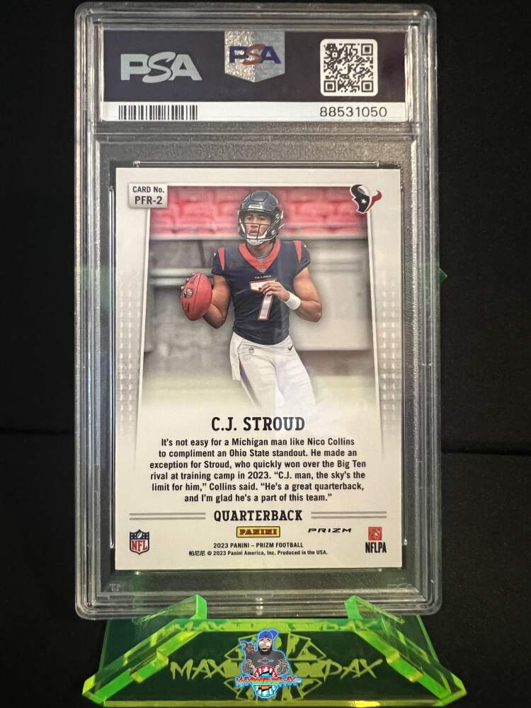 Back of 2023 Panini Prizm Prizm Flashback Rookie No Huddle Prizm CJ Stroud #PFR-2
