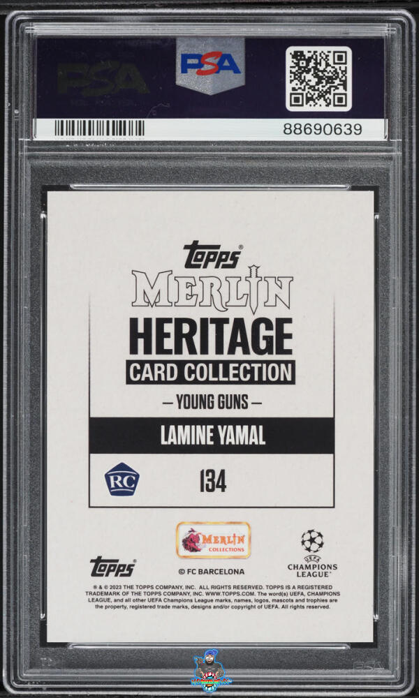 Back of 2023 Topps Merlin Heritage UEFA Club Competitions Blue Lamine Yamal #134