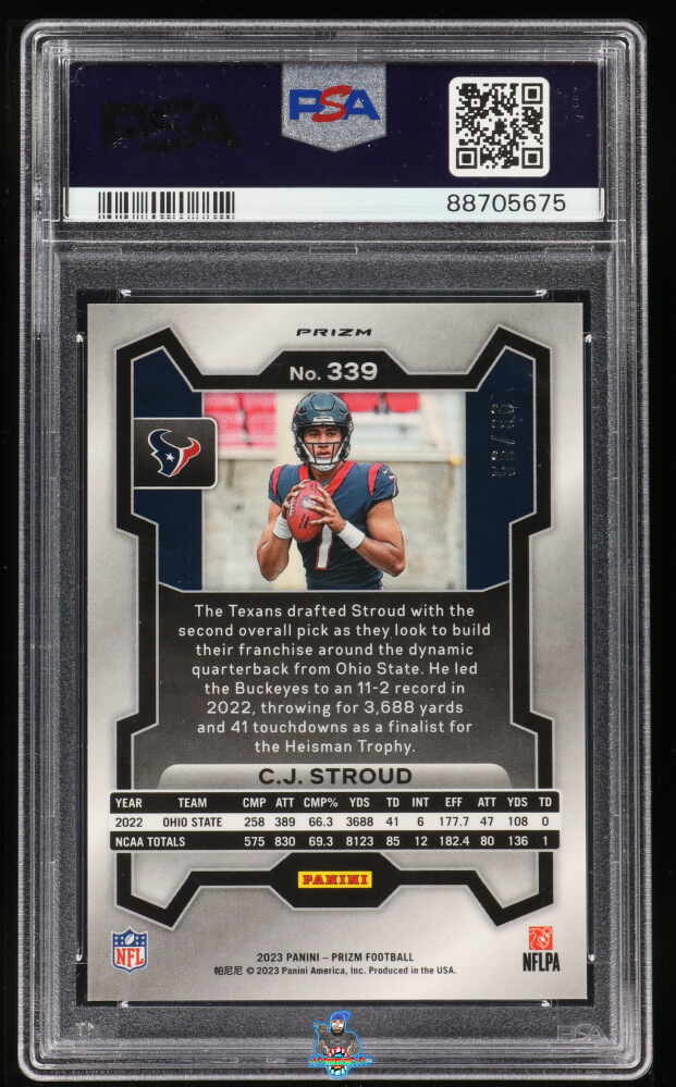 Back of 2023 Panini Prizm Blue Sparkle Prizm CJ Stroud #339 /96