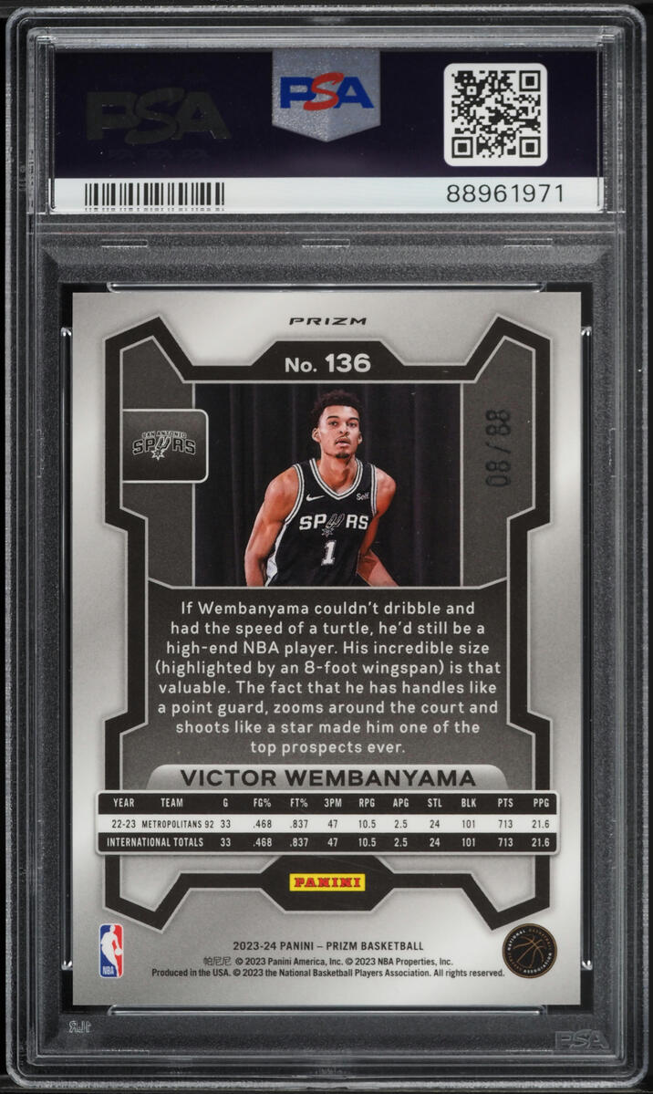 Back of 2023 Panini Prizm Choice Red Prizm Victor Wembanyama #136 /88
