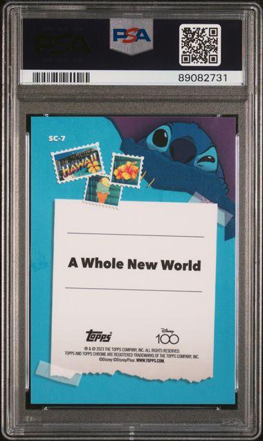 Back of 2023 Topps Chrome Whole New World Disney 100 Years of Wonder Stitch In Costume Gold Wave Refractor