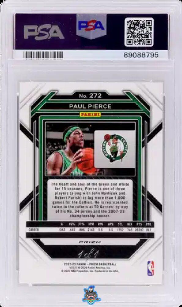 Back of 2022 Panini Prizm Black Prizm Paul Pierce #272 /1