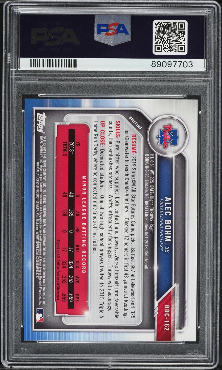 Back of 2019 Bowman Chrome Draft Superfractor Alec Bohm #BDC162 /1