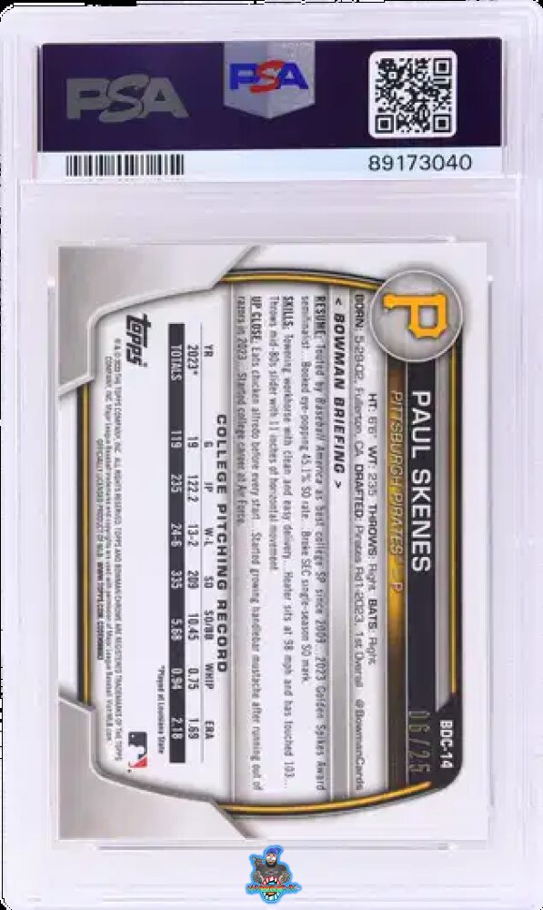 Back of 2023 Bowman Draft Sapphire Chrome Orange Paul Skenes #BDC-14 /25