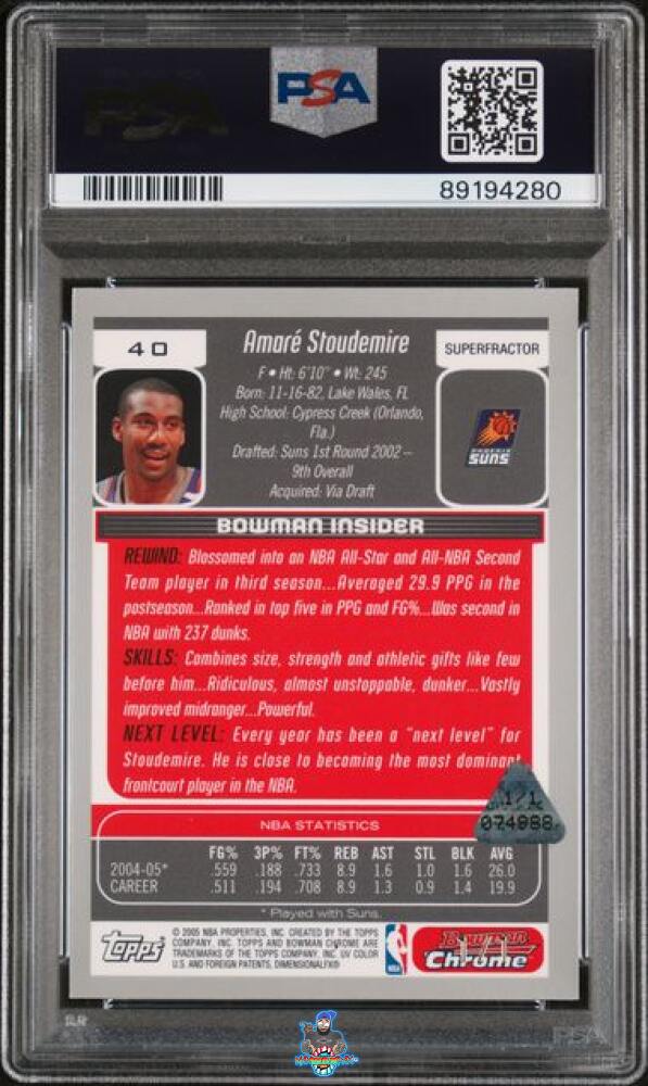Back of 2005 Bowman Chrome Superfractor Amare Stoudemire #40 /1