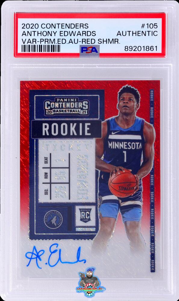 2020 Panini Contenders Both Hands On Ball Variation Rookie Ticket Autograph Premium Red Shimmer Prizm Anthony Edwards #105 /5