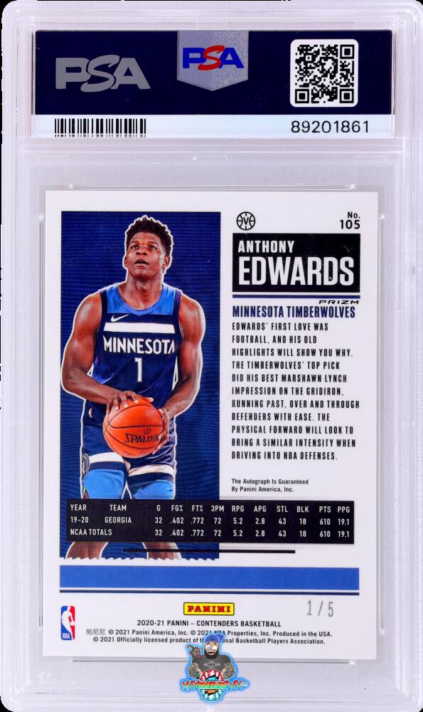 Back of 2020 Panini Contenders Both Hands On Ball Variation Rookie Ticket Autograph Premium Red Shimmer Prizm Anthony Edwards #105 /5