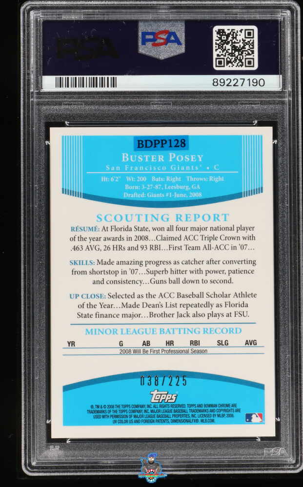 Back of 2008 Bowman Draft Picks Chrome Prospect Autograph X-Fractor Buster Posey #BDPP128 /225