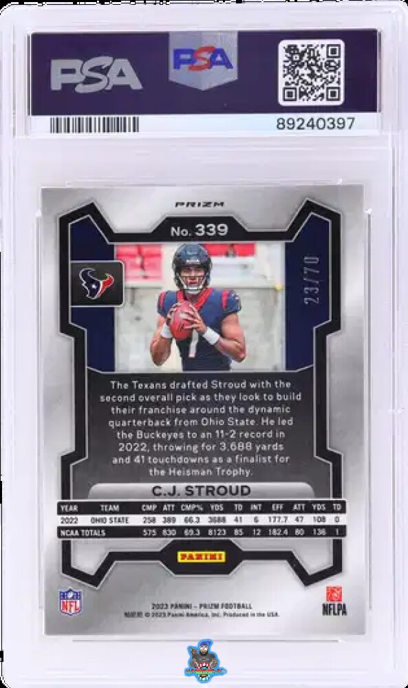 Back of 2023 Panini Prizm No Huddle Red Disco Prizm CJ Stroud #339 /70