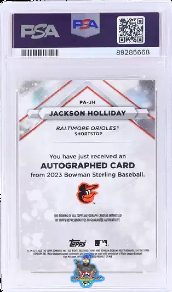 Back of 2023 Bowman Sterling Prospect Autograph Superfractor Jackson Holliday #PAJH /1