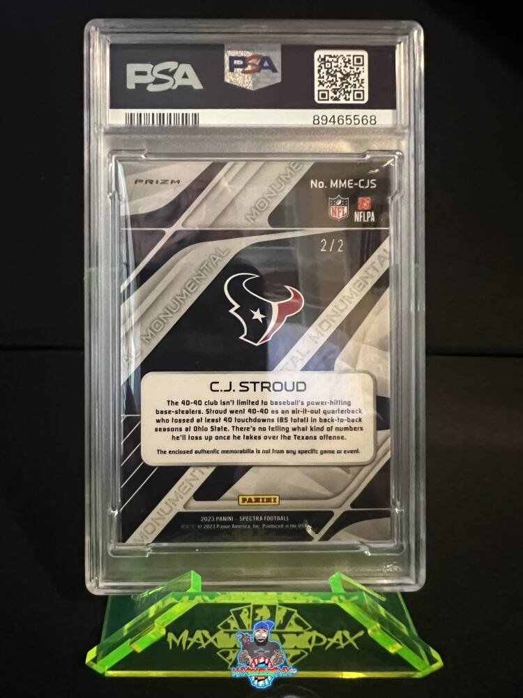 Back of 2023 Panini Spectra Monumental Memorabilia Nebula CJ Stroud #MMECJS /2