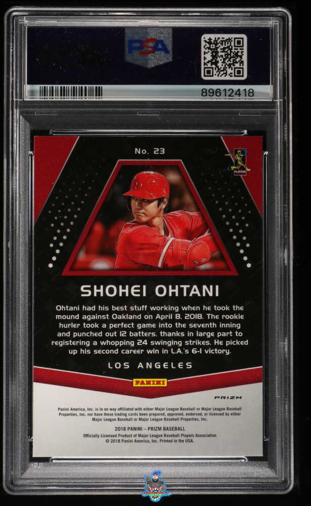 Back of 2018 Panini Prizm Holo Shohei Ohtani #23