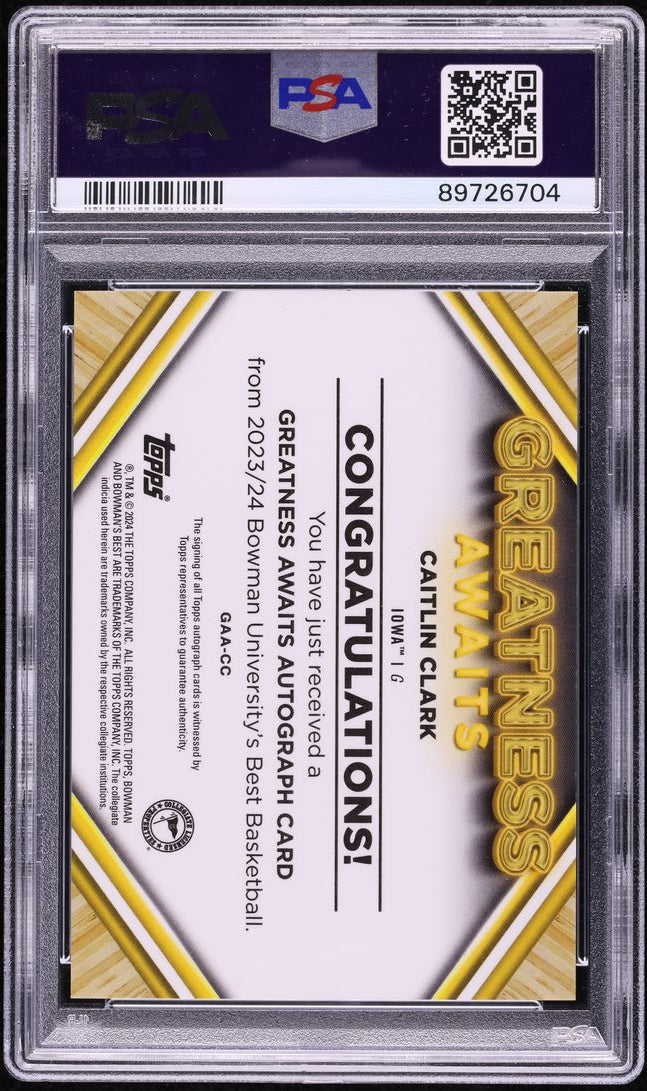 Back of 2023 Bowman University Best Greatness Awaits Autograph Gold Geometric Caitlin Clark #GAA-CC /50