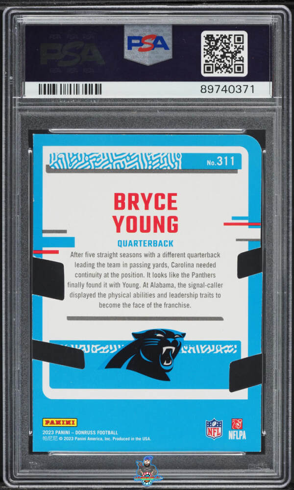 Back of 2023 Panini Donruss Press Proof Blk Die-Cut 1/1 Bryce Young #311