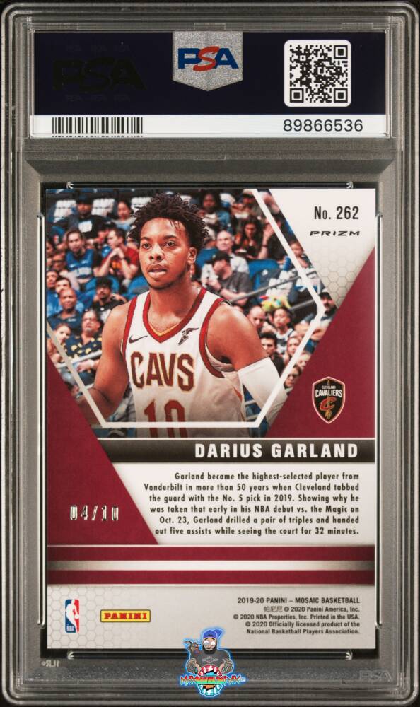 Back of 2019 Panini Mosaic Green Swirl Mosaic Prizm Darius Garland #262 /10
