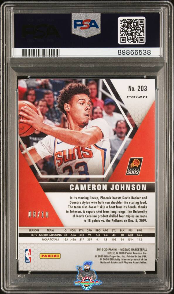 Back of 2019 Panini Mosaic Green Swirl Mosaic Prizm Cameron Johnson #203 /10