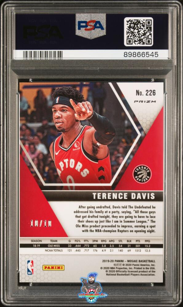 Back of 2019 Panini Mosaic Green Swirl Mosaic Prizm Terence Davis #226 /10