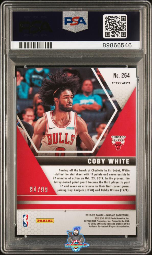 Back of 2019 Panini Mosaic Blue Mosaic Coby White #264 /99